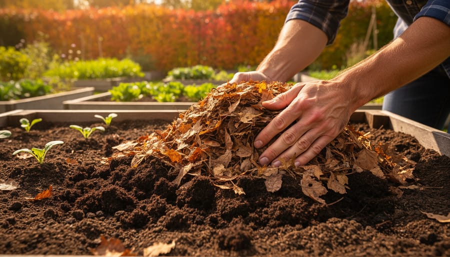 Fallen leaves being added to a compost pile next to a mulched garden bed