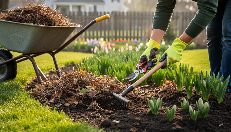 Gloved hands raking winter debris from a garden bed with emerging green plants
