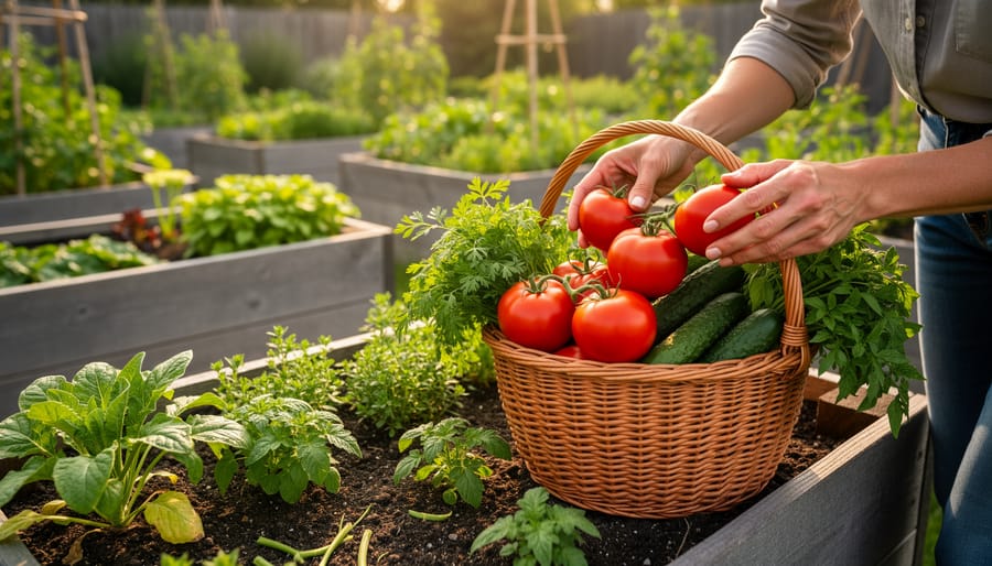 Gardener harvesting ripe tomatoes and basil from a vegetable garden bed