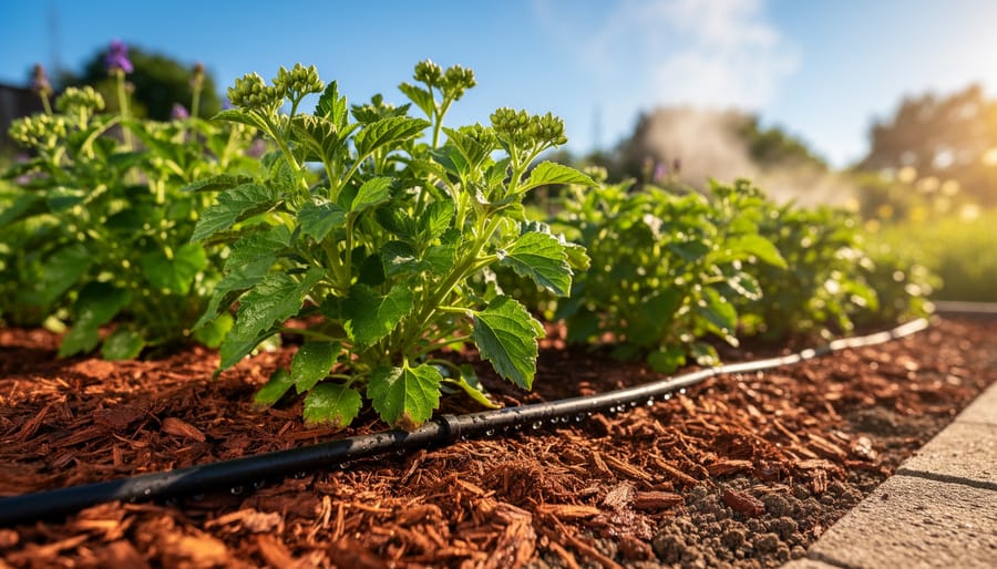 A watering can being used to water potted plants with mulch around the containers