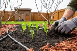 Gloved hands preparing spring soil in a garden bed with emerging seedlings, pruned branches, and drip irrigation in the background.