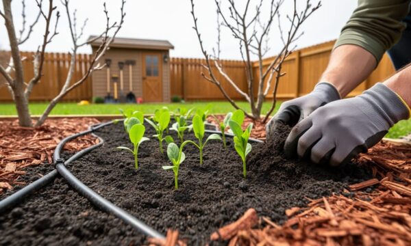 Gloved hands preparing spring soil in a garden bed with emerging seedlings, pruned branches, and drip irrigation in the background.
